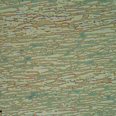 Micrographic detail of the pipe base metal presenting a refined duplex ferritic austenitc structure, banded.