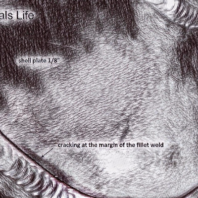 Schematic drawing presenting the position of the crack at the margin of the weld, through thickness of the shell plate.