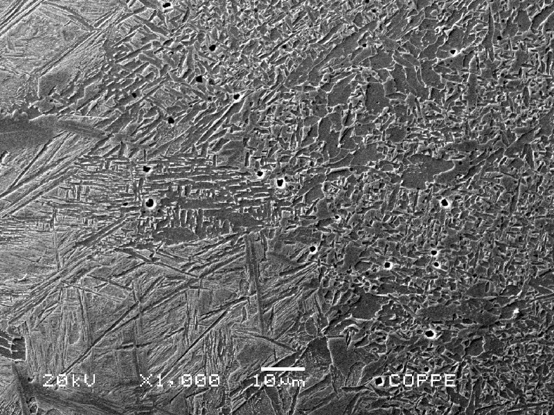 Micrographic detail of the fusion line of the carbon steel plate, by scanning electron microscopy, showing the bainitic structure at the HAZ and ferritic structure in the weld metal.