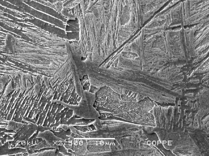 Micrographic detail of the bainitic structure at the HAZ of the carbon steel plate, by scanning electron microscopy.