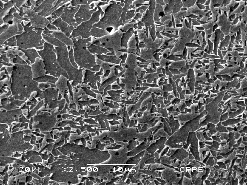 Micrographic detail of the ferritic structure in the weld metal close to the carbon steel plate, by scanning electron microscopy.  The weld metal presents a typical aspect for low strenght weld metal (grain boundary and primary ferrite, plus acicular ferrite).
