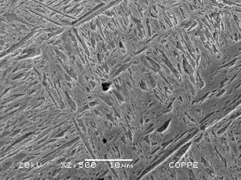 Micrographic detail of the martensitic structure at the HAZ of the low alloy steel tube, by scanning electron microscopy.