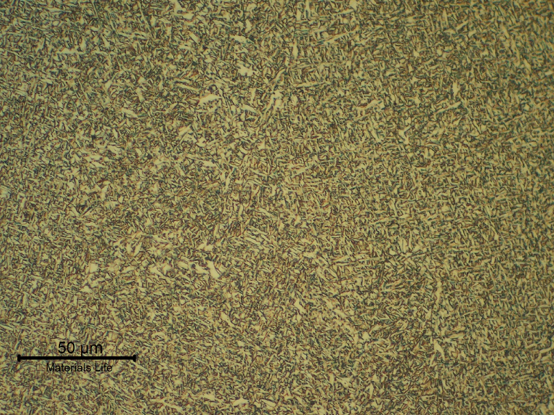 Micrography of the weld metal in the center of the fillet showing a 100% acicular ferrite that is a microestructure of a high strenght steel, evidenced the effect of the dilution of the tube chemistry in the weld metal.