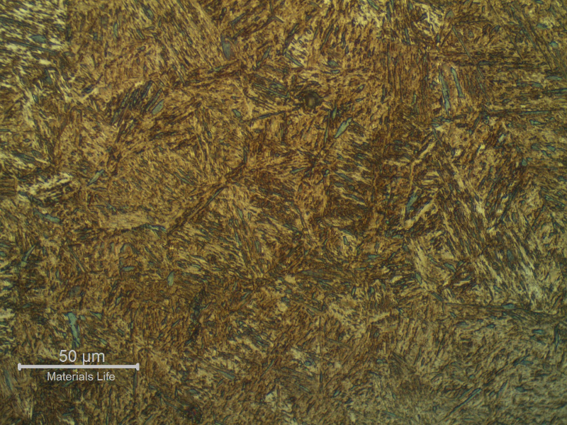 The micrography shows the martensitic region of the tube HAZ responsible for the hydrogen cracking, presenting too high hardness level (600 HV). It is a fresh martensite since the joint was welded in one pass and there was no PWHT.