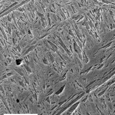 Micrographic detail of the martensitic structure at the HAZ of the low alloy steel tube, by scanning electron microscopy.
