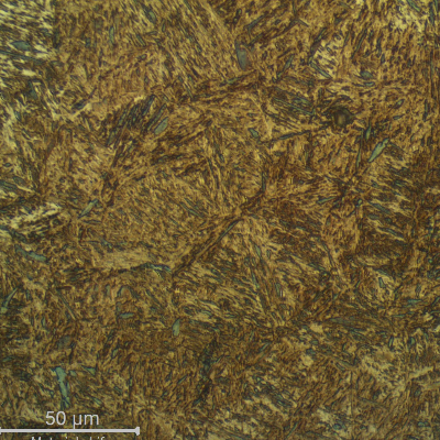 The micrography shows the martensitic region of the tube HAZ responsible for the hydrogen cracking, presenting too high hardness level (600 HV). It is a fresh martensite since the joint was welded in one pass and there was no PWHT.