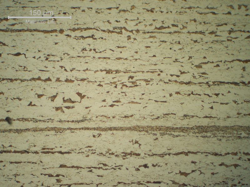 Detail of the microstructure in the center of the plate, in the longitudinal section. The structure is refined and presents different ferritic grain sizes.