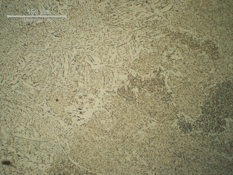 Micrographic detail of the fusion line of the first pass (reheated in high temperature). The HAZ is bainitic and the weld metal microstructure is predominantly formed by acicular ferrite.