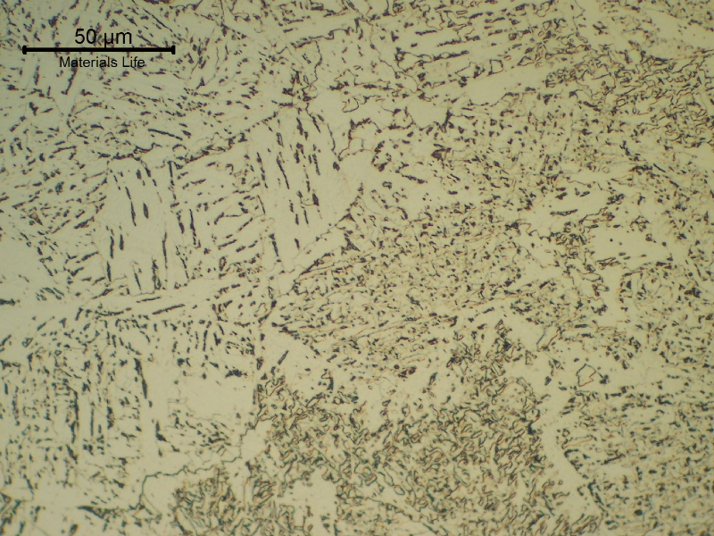 Micrographic detail of the fusion line of the first pass (reheated in high temperature).  The HAZ is bainitic and the weld metal microstructure is predominantly formed by acicular ferrite.