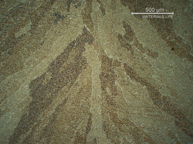 Center of the weld in the second pass. Columnar grains of the previous austenite.
