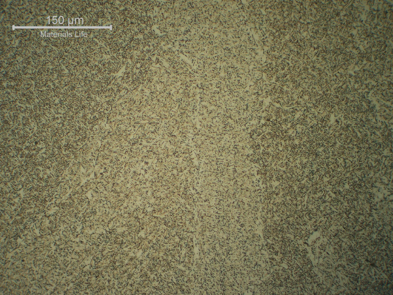 Micrographic detail of the center of the weld in the second pass (not reheated). Fine structure mainly formed by acicular ferrite.