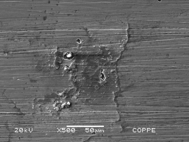 Aspect of the rusted surface after cleaning, showing adhered products at the surface, in regions where the passive layer was destroyed and pitting corrosion occurred.
