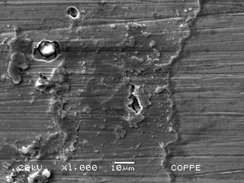 Detail of the rusted surface. EDS analysis inside the pitting shows a high Cl peak (the bright aspect inside the pitting), indicating that the salt over the surface was responsible for destroying the passive layer and the localized corrosion occurred.