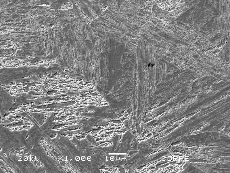 Micrographic detail of the original casting blade fusion line, presenting the tempered martensitic structure similar for the HAZ (left side of the figure) and the weld metal (right side of the figure).