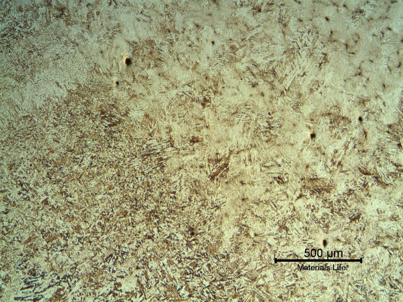 Micrography of the inserted casting at the heat affected zone of the welding with the original casting. There is a refinement effect on the coarse base metal structure.