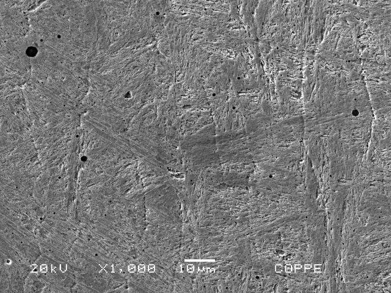Micrographic detail of the weld metal presenting columnar grains and martensitic structure.