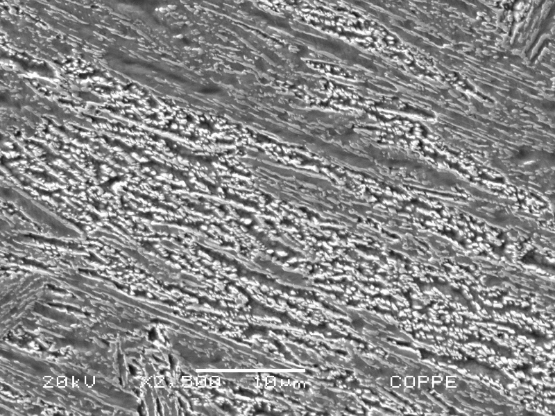 Higher magnification of the martensitic structure of the original casting blade structure, hardness level of  270HV10.