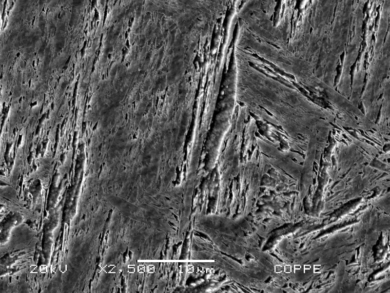 Higher magnification of the martensitic structure of the inserted casting structure, hardness level of  370HV10.