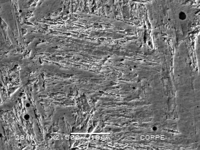 Higher magnification of the martensitic structure of the weld metal, hardness level of 350HV10.