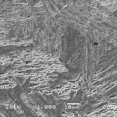 Micrographic detail of the original casting blade fusion line, presenting the tempered martensitic structure similar for the HAZ (left side of the figure) and the weld metal (right side of the figure).