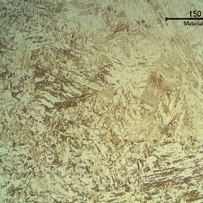 Micrographic detail of the fusion line of the inserted casting welded to the original casting.  There is a refinement effect on the coarse base metal structure.