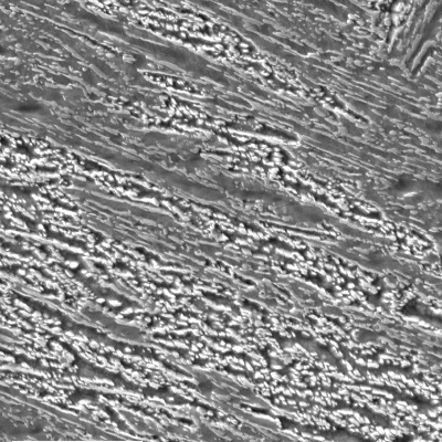 Higher magnification of the martensitic structure of the original casting blade structure, hardness level of  270HV10.