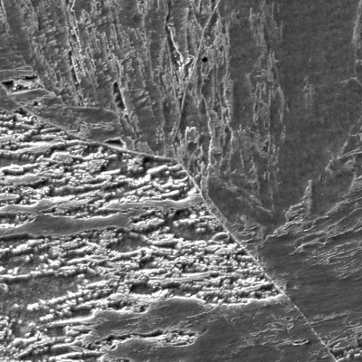 Micrographic detail of the original casting blade fusion line, presenting the tempered martensitic structure similar for the HAZ (left side of the figure) and the weld metal (right side of the figure).
