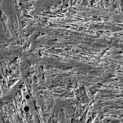 Higher magnification of the martensitic structure of the weld metal, hardness level of  350HV10.