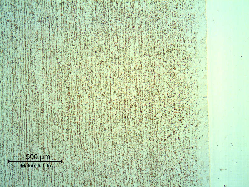 Micrography of a longitudinal section of the pipe showing that the carbon steel pipe is slightly banded and there is a decarburized layer at the solid solution welded interface. The stainless steel structure (in the right side of the figure) is not revealed using the Nital etch.