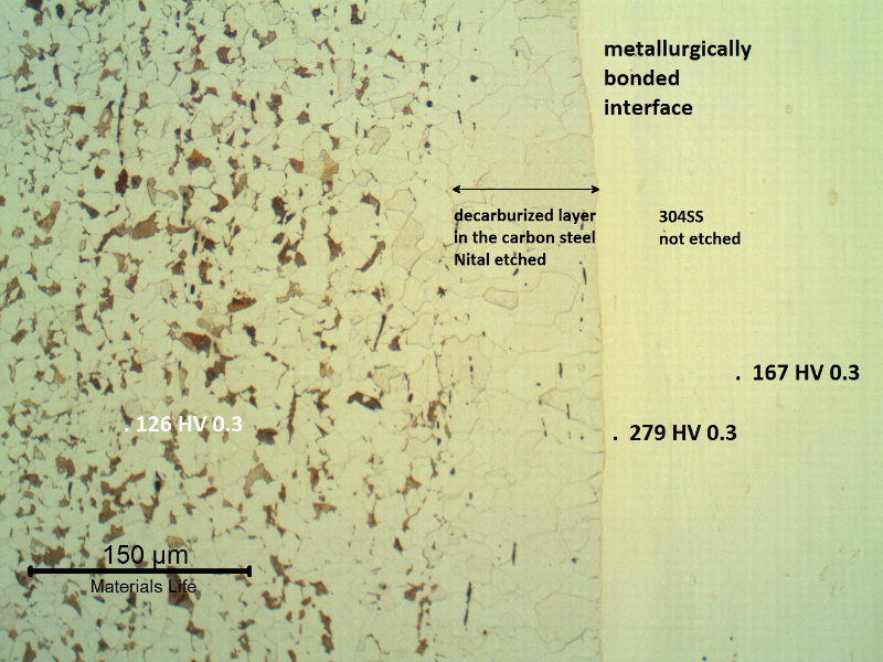 Micrographic detail of the interface in the longitudinal section of the pipe showing the Vickers (300g) microhardness values, close to the interface in the carbon steel side and in the stainless steel side. Although the Nital etch does not allow to reveal the structure in the stainless steel side, the high hardness values show that the structure is different.
