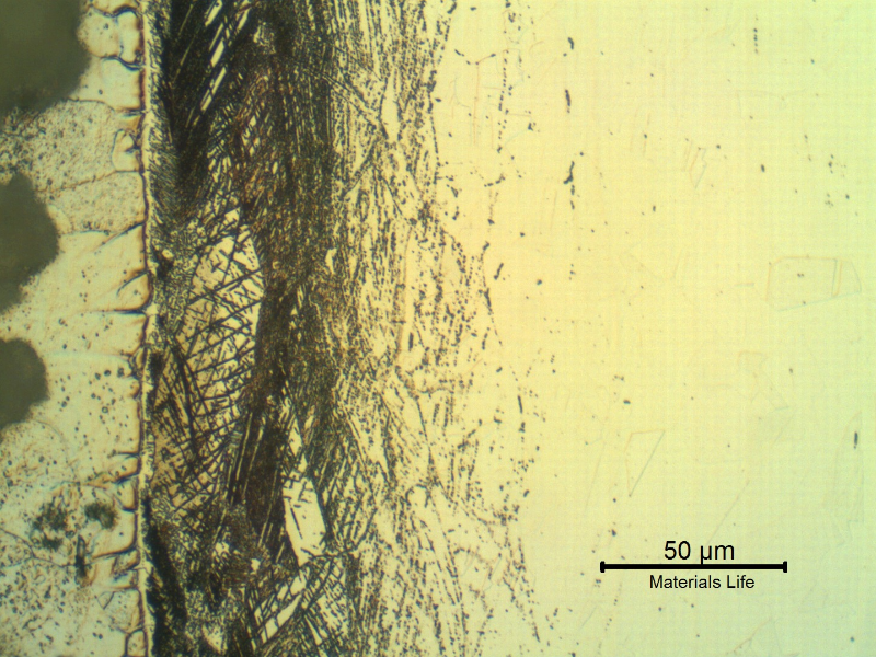 Micrographic detail of the interface showing the strain hardened layer at the stainless steel side (in the right of the figure), revealed using the Electrolytic etch.