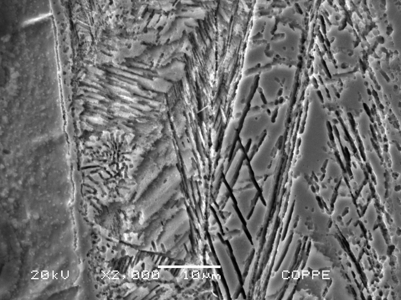 Image by scanning electron microscopy of the metallurgically bonded interface of the composite seamless tube (carbon steel externally claded with stainless steel), in the side of the stainless steel where a strain hardening effect plus a carbide precipitation in twins is shown. The hardness of this region (279 HV0.3) is a lot higher than the value obtained out of this region (167 HV0.3) for the same stainless steel.