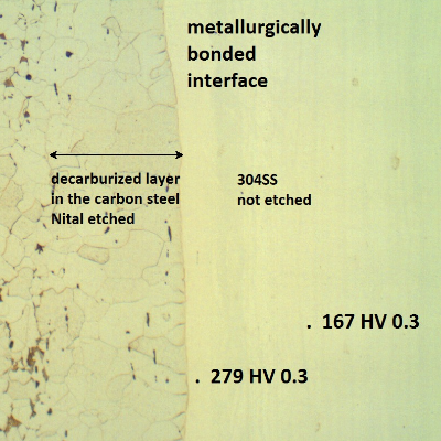 Micrographic detail of the interface in the longitudinal section of the pipe showing the Vickers (300g) microhardness values, close to the interface in the carbon steel side and in the stainless steel side. Although the Nital etch does not allow to reveal the structure in the stainless steel side, the high hardness values show that the structure is different.