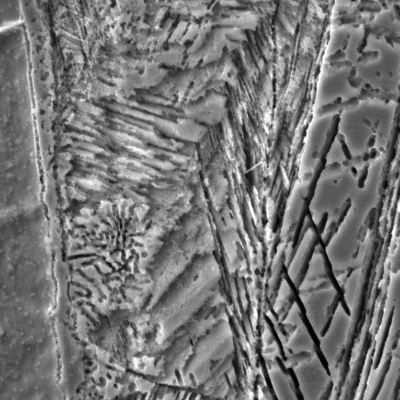 Image by scanning electron microscopy of the metallurgically bonded interface of the composite seamless tube (carbon steel externally claded with stainless steel), in the side of the stainless steel where a strain hardening effect plus a carbide precipitation in twins is shown.  The hardness of this region (279 HV0.3) is a lot higher than the value obtained out of this region (167 HV0.3) for the same stainless steel.