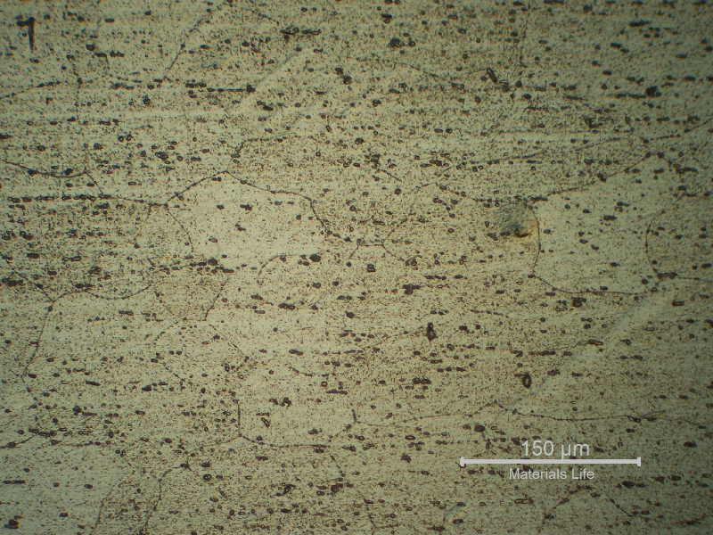 Micrography of a longitudinal section of the pipe AA 6063. Granular structure and dispersed particles.