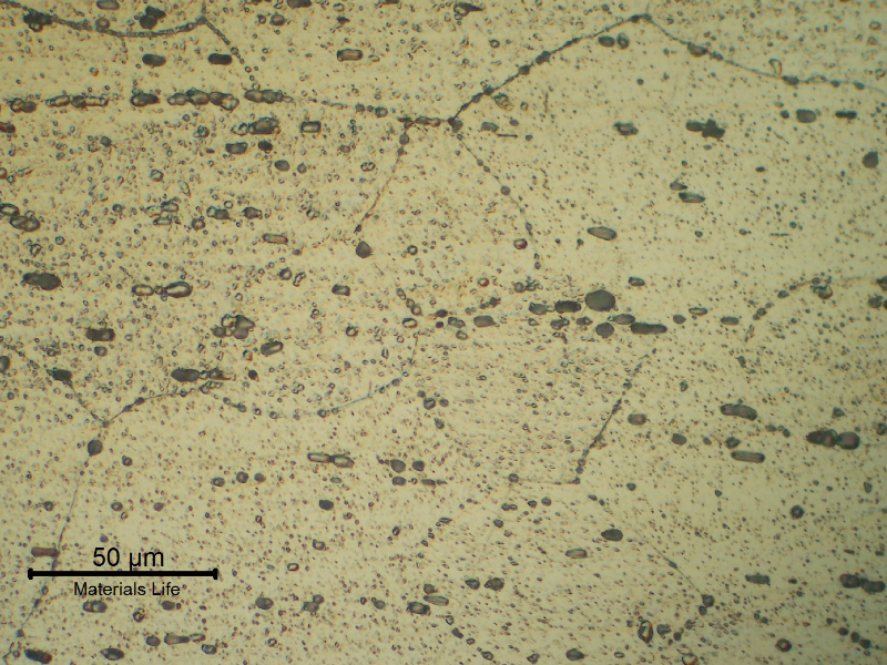 Micrographic detail of a longitudinal section of the pipe AA 6063. Granular structure and dispersed particles.