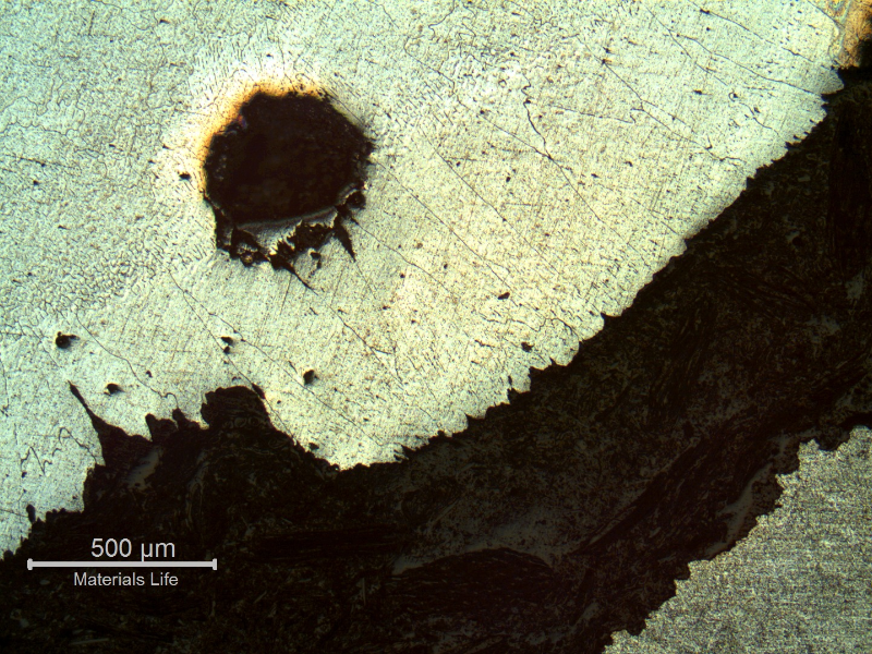 Intergranular corrosion at the fusion line of the AA 6063 pipe.