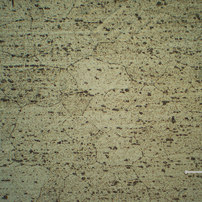 Micrography of a longitudinal section of the pipe AA 6063. Granular structure and dispersed particles.