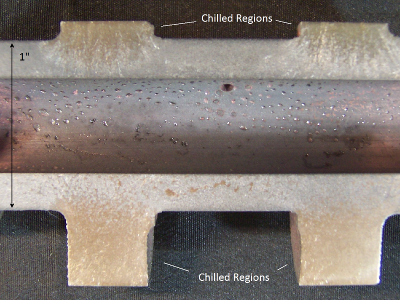 The macrography of a longitudinal section of the camshaft (tubular) in a position where there are two chilled lobes, presenting a strong microstructural change through thickness, from the hard chilled surface (500HV10) to the soft region in the middle of the thickness (187HV10).