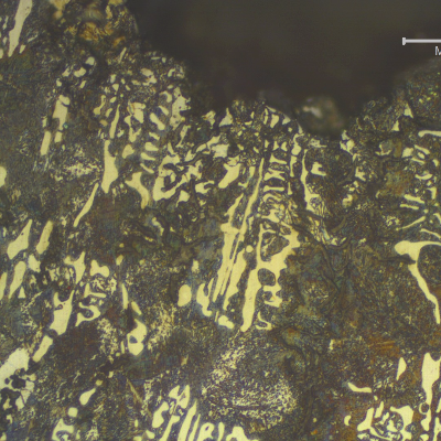 Micrographic detail of the structure in a section transverse to the fracture, showing that the brittle region in the shaft is associated to a large amount of ledeburite.