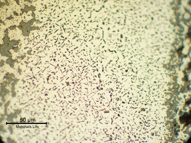 Micrographic detail of the seam weld close to the internal surface, presenting the needles that are the result of microsctructural evolution and cracks filled with oxides.