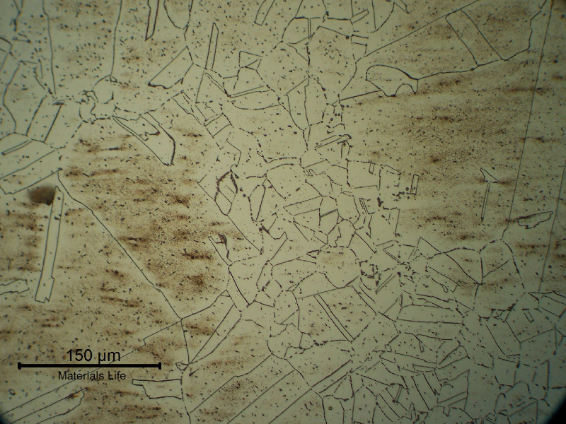 Micrography of a longitudinal section of the fitting, at the base metal, presenting an austenitic structure with intergranular and transgranular precipitation as a result of microstructural evolution.