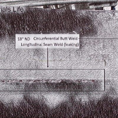Schematic drawing presenting the aspect of the cracking after Dye Check Test (Liquid Penetrant) in the external side of the line that operates at 800°C, insulated, and presented the leakage associated to the longitudinal seam weld of the fitting. The circumferential butt weld of the fitting to a pipe did not fail.