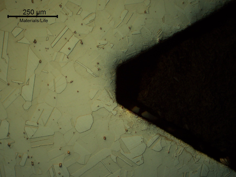 Micrography of the nut in the longitudinal direction, at the thread, presenting a granular austenitic structure free from detrimental phases or cold forming effects.