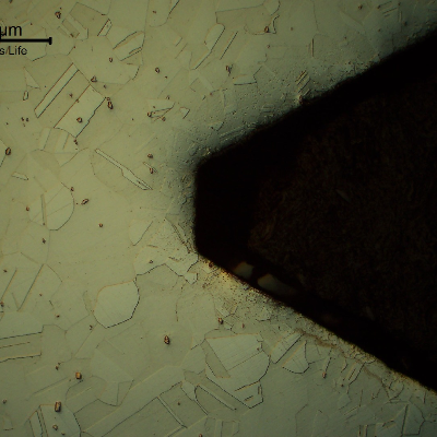 Micrography of the nut in the longitudinal direction, at the thread, presenting a granular austenitic structure free from detrimental phases or cold forming effects.