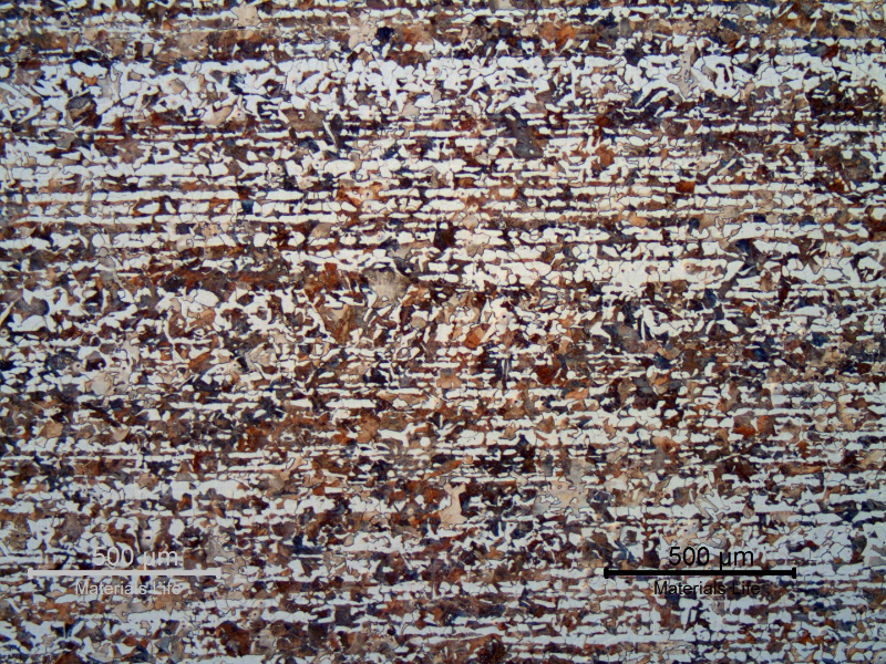 Micrography of the longitudinal section of the shaft, in the center of the thickness, presenting a ferritic-perlitic structure typical of a hot forming process.