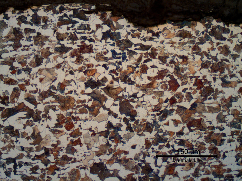 Micrographic detail of the ferritic-perlitic structure at the surface where the wear damage is light.
