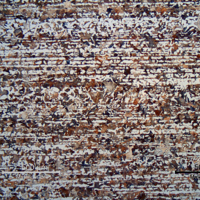 Micrography of the longitudinal section of the shaft, in the center of the thickness, presenting a ferritic-perlitic structure typical of a hot forming process.