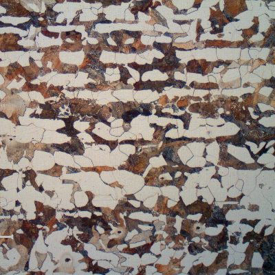 Micrographic detail of the ferritic-perlitic structure, typical of a hot forming process, in the center of the thickness.