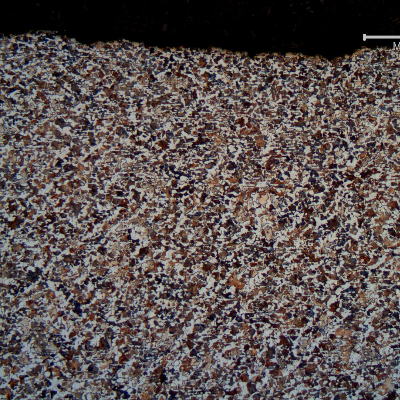 Micrography of the longitudinal section of the shaft, at the damaged surface (with a light wear).  In low magnification the ferritic perlitic texture reveals the forging lines.